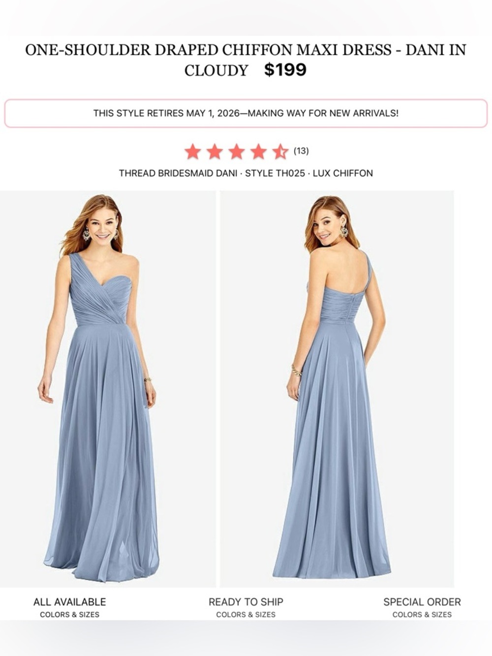 One-Shoulder Chiffon Maxi Dress - Cloudy Blue